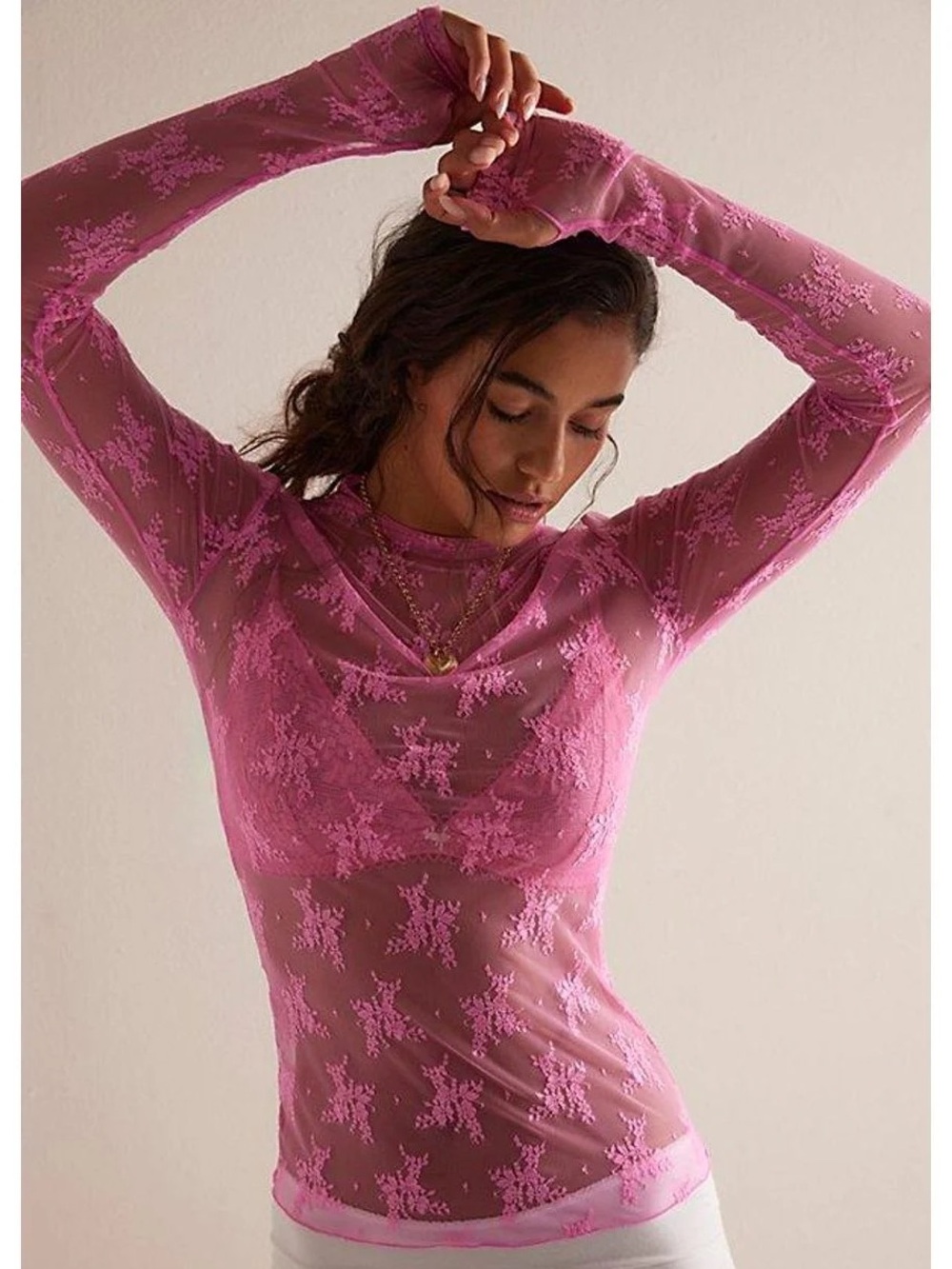 Free People Lady Lux Lace Layering Top NWT Neon Rose Barbie Pink